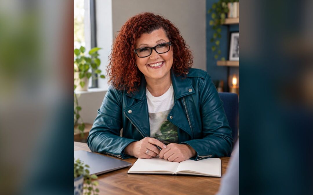 AI-created portrait of Kathy Gaalaas seated at a desk with a notebook